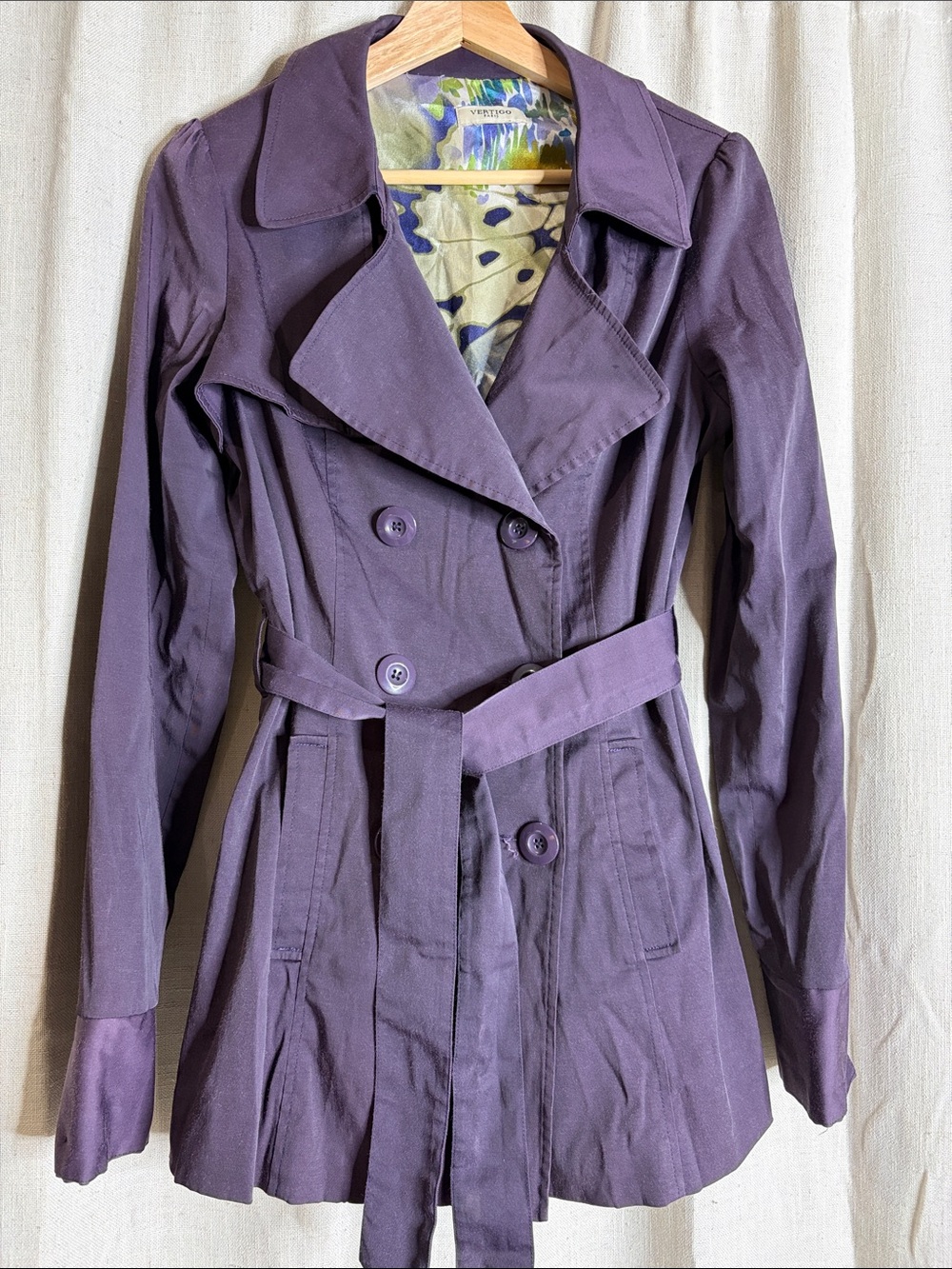 Vertigo Paris Purple Double-Breasted Trench Coat with Belt
